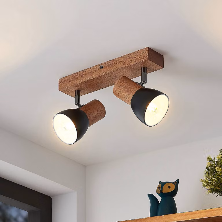 Lindby Tonja faretto da soffitto con legno, 2 luci Lindby, dimmerabile, Legno chiaro, Soggiorno / Sala da pranzo, Metallo, Moderno, Faretto
