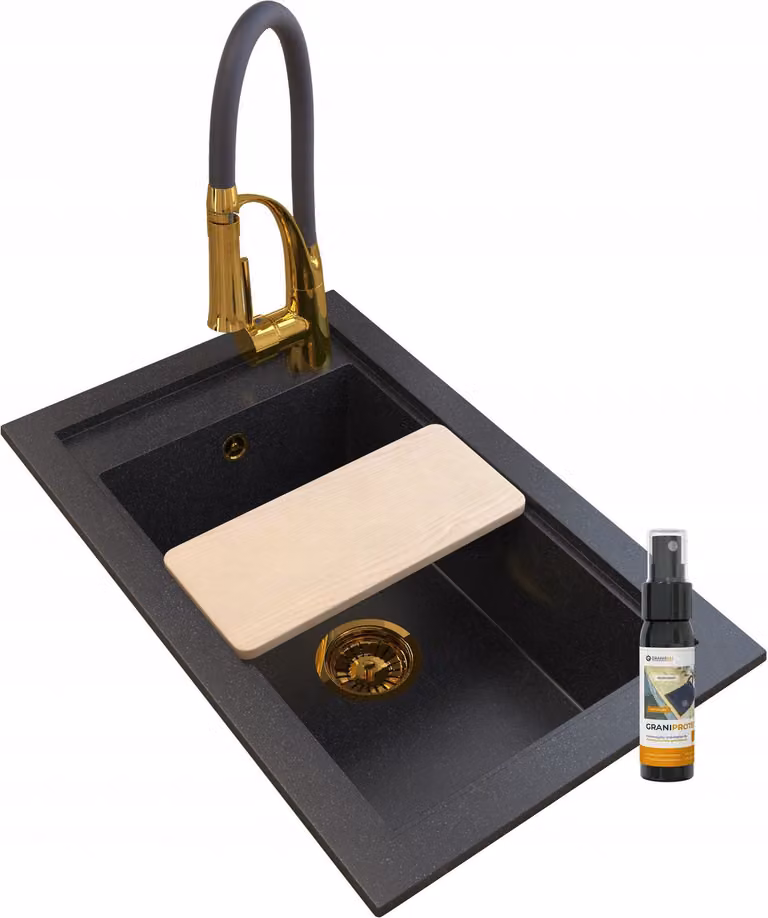 Granitan - Lavello in granito - Lavello da cucina - 69x43 cm - Nero - con sifone dorato, tagliere e trattamento impermeabilizzante