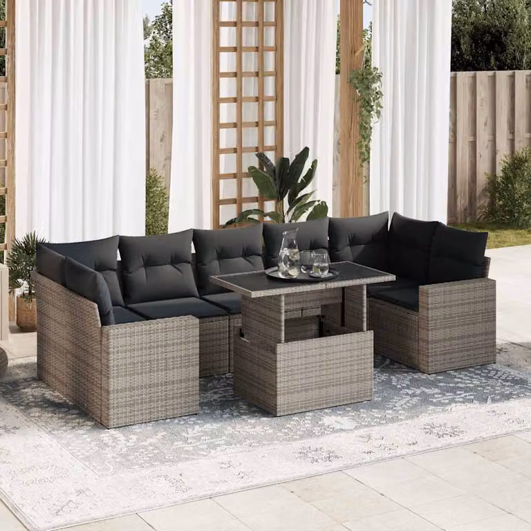 Set Divano da Giardino vidaXL 8 Pezzi a Forma di L con Cuscini Grigio in Polyrattan e Tavolino da Esterno