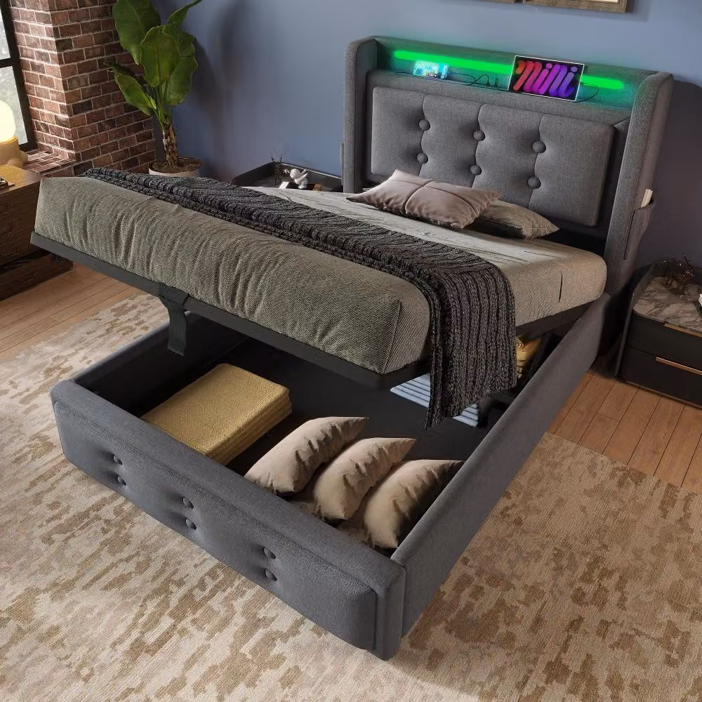 Letto imbottito 90x200 cm, grigio, in cotone, con spazio contenitore, testiera LED, prese USB-C e di corrente, struttura del letto con rete a doghe, ideale per la camera da letto