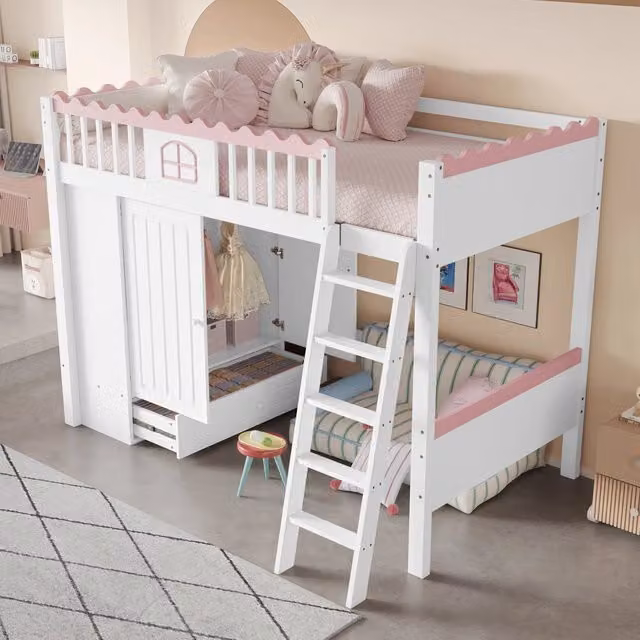 Letto a soppalco singolo OKWISH in pino bianco laccato con armadio, compartimenti laterali e luci LED sotto il letto, L/P/H: 90 x 200 x 160.8 cm
