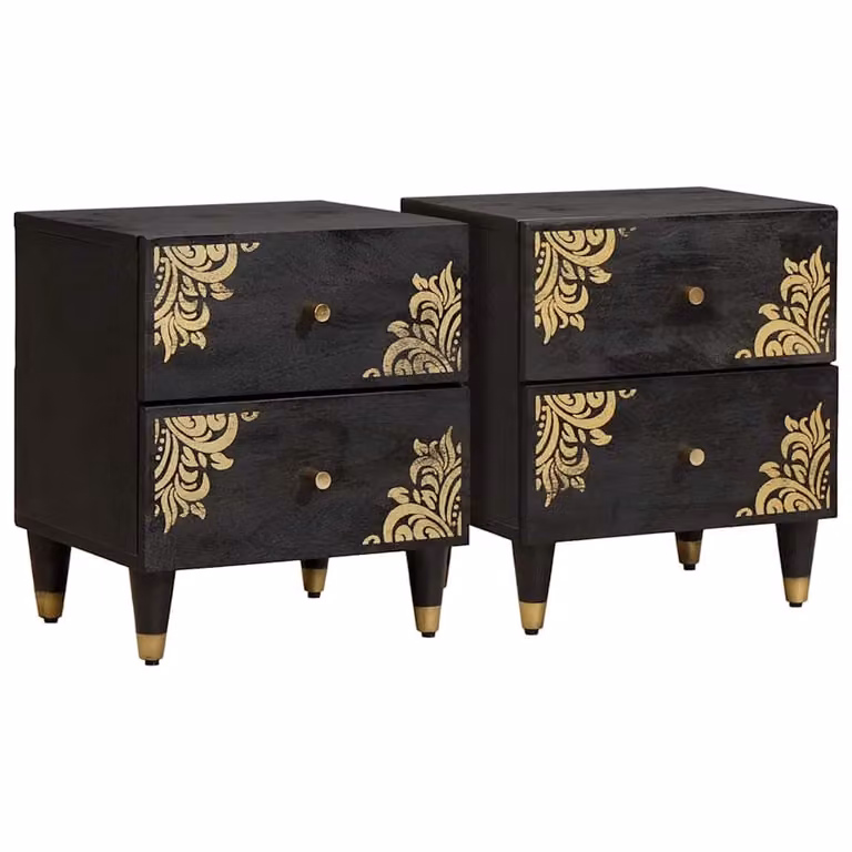 Set di 2 Armadi da Notte vidaXL in Legno di Mango e Metallo, Design Moderno, Colore Nero e Oro, L/P/H: 40 x 33 x 46 cm