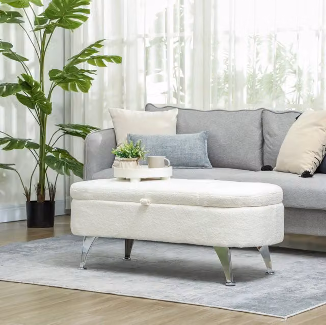 Panca contenitore ULEVR 114x47x46,5 cm con vano da 51 L, seduta imbottita effetto teddy e gambe in metallo, bianca