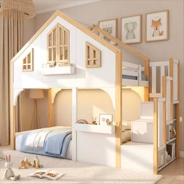 Letto a soppalco 90x200 cm con scala contenitore; LED e finestra in legno bianco