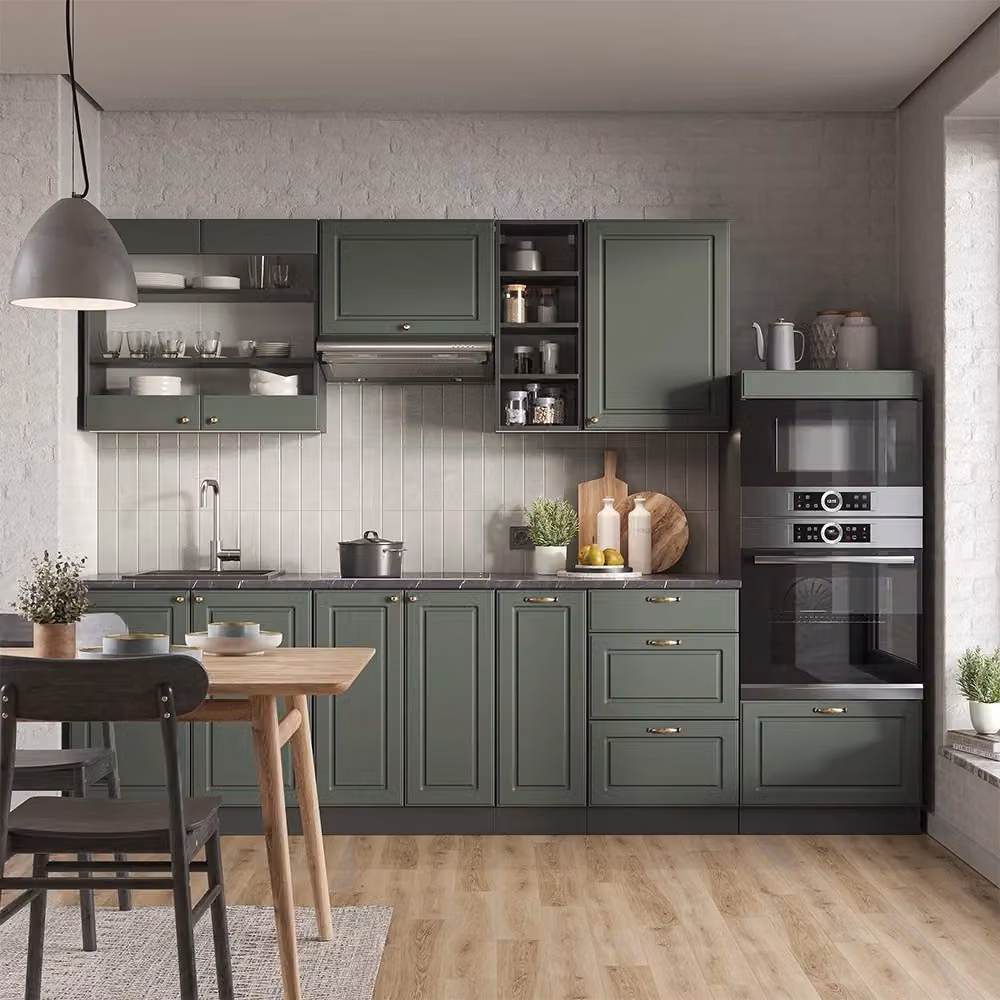 Cucina componibile Fame-Line Vicco in stile country house, colore verde-oro rustico e antracite, L: 280 cm – 2