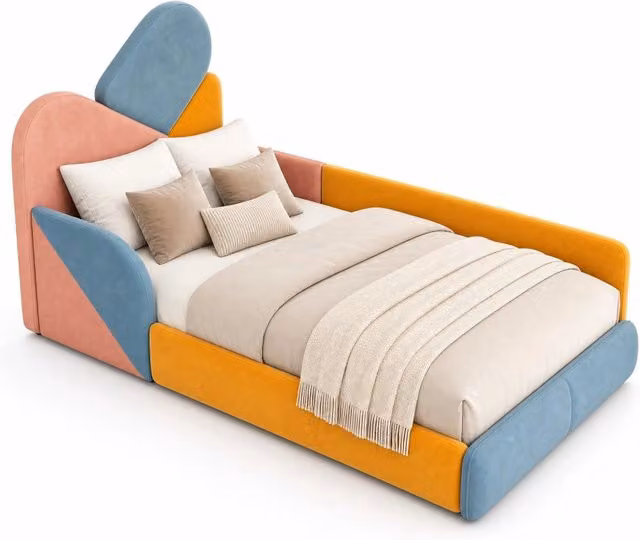 Letto singolo per bambini 90x200 in velluto multicolore con sponde， senza materasso