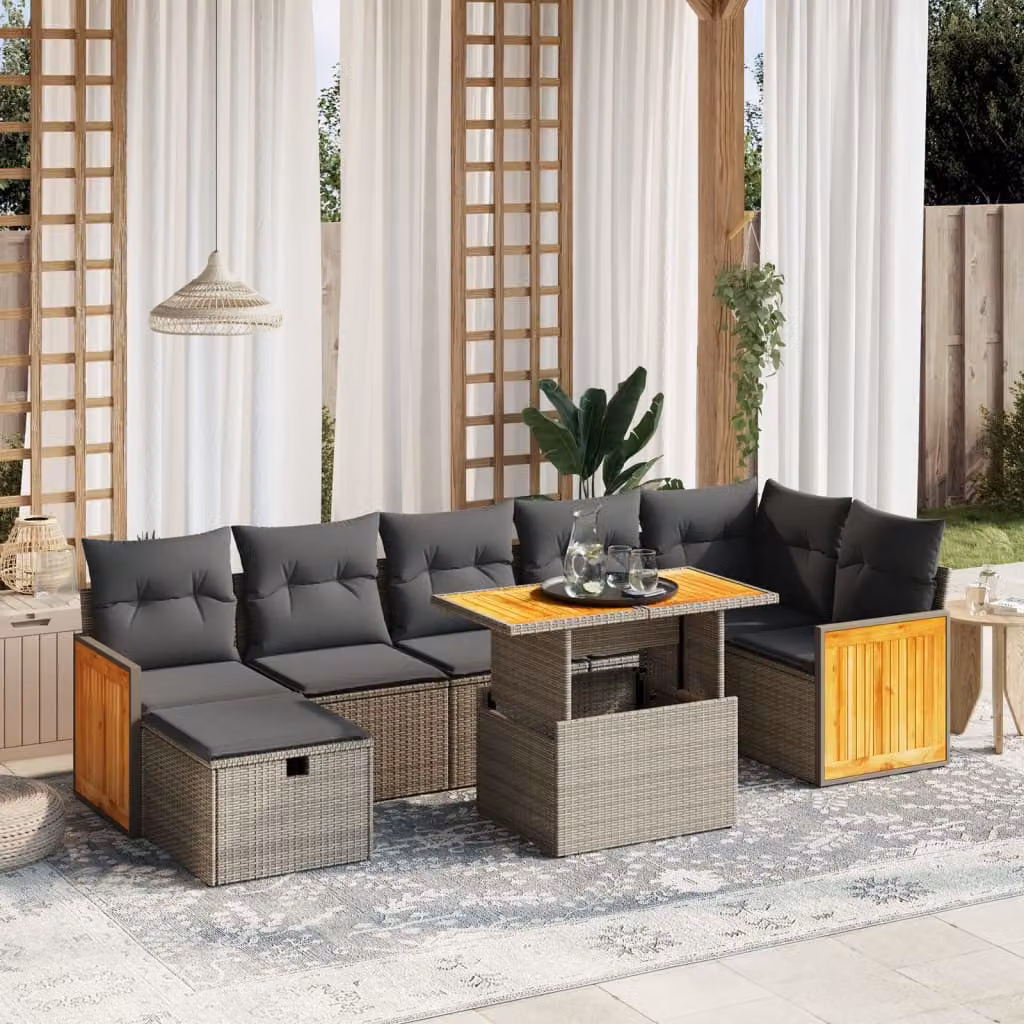 vidaXL Set Divano da Giardino 8 pz in Polyrattan Grigio con Cuscini Imbottiti e Tavolino – 1