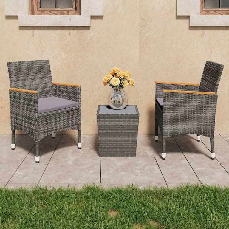 Set Bistrot da Giardino vidaXL in Polyrattan e Legno di Acacia con Vetro Temperato Grigio