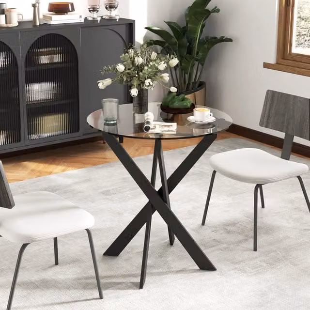 Tavolo da pranzo rotondo moderno Mivray con piano in vetro nero e struttura in metallo Ø 70 x H 75 cm