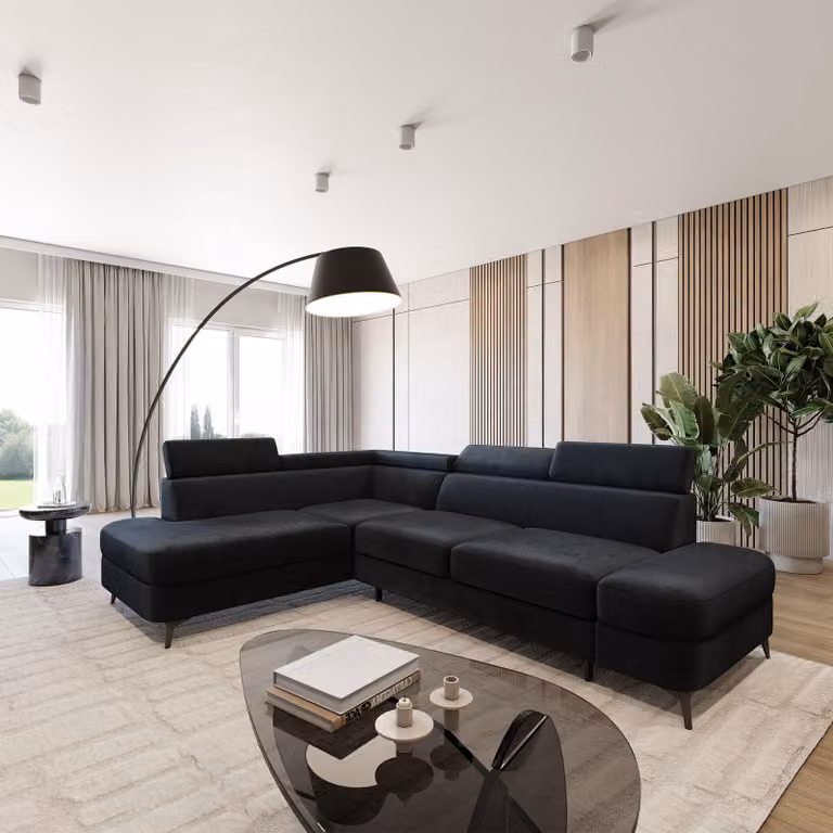 Divano ad angolo Masseno AVISE M L-S con funzione letto a L, divano con contenitore, divano da salotto, divano, divano letto, set divani - Nero, MONOLITH 95