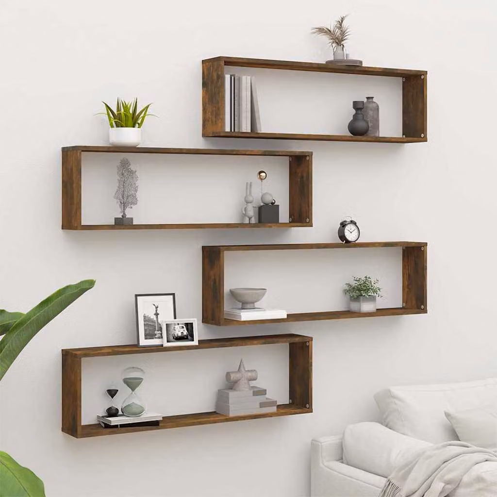 Set di 4 mensole a cubo da parete vidaXL in legno ingegnerizzato, colore Rovere Fumo, L 100 cm x P 30 cm x H 15 cm