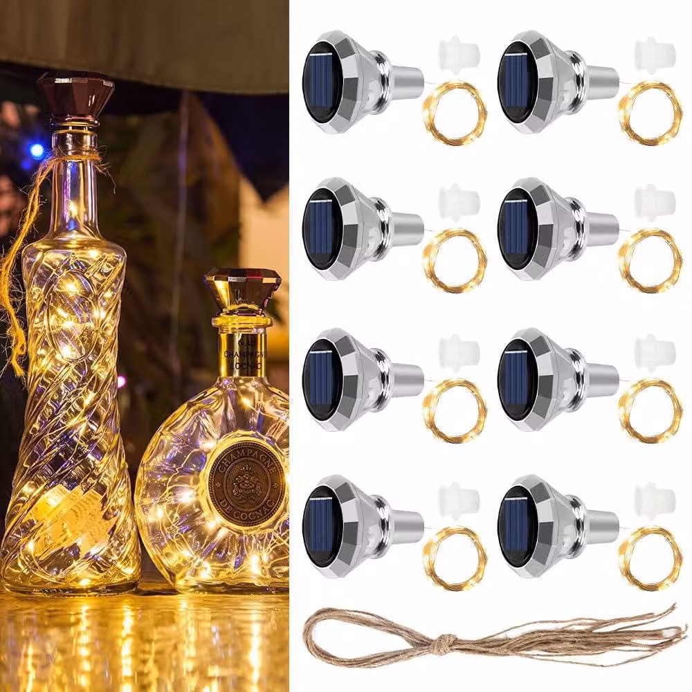 8 luci solari a forma di bottiglia, con decorazione a forma di diamante, lunghezza 2 metri, 20 LED, luce bianco caldo