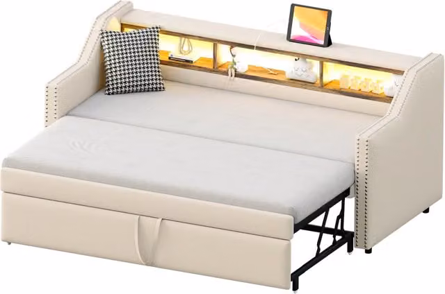 Divano letto estraibile 90/180x190 cm con LED; USB e vani laterali in tessuto beige