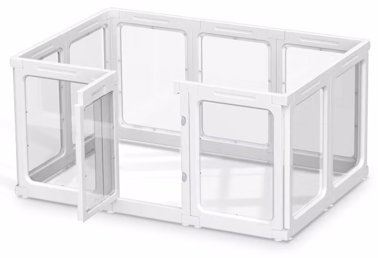 Cuccia per cani portatile, realizzata in acrilico trasparente, altezza 60 cm, composta da 10 pannelli, con struttura in plastica bianca, adatta sia per interni che per esterni