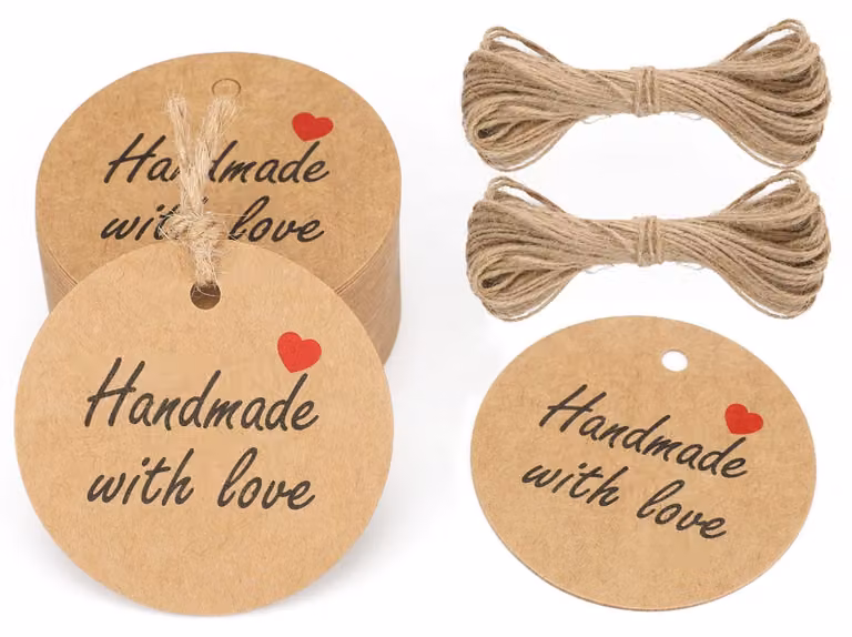 100 etichette rotonde in carta kraft, diametro 5 cm, con cordino di iuta, colore marrone