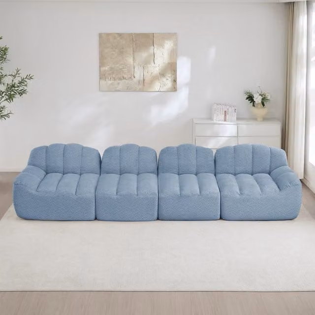 Divano modulare angolare 4 posti senza struttura con seduta profonda e braccioli ergonomici per soggiorno in fleece blu