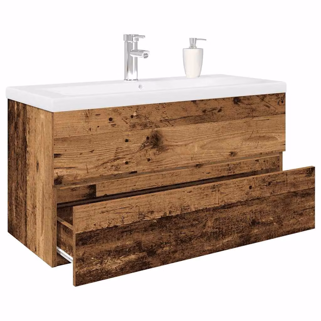 Mobile da bagno sospeso vidaXL moderno in legno e MDF con lavabo integrato, bianco e marrone, L: 90 cm, P: 45 cm, H: 38,5 cm