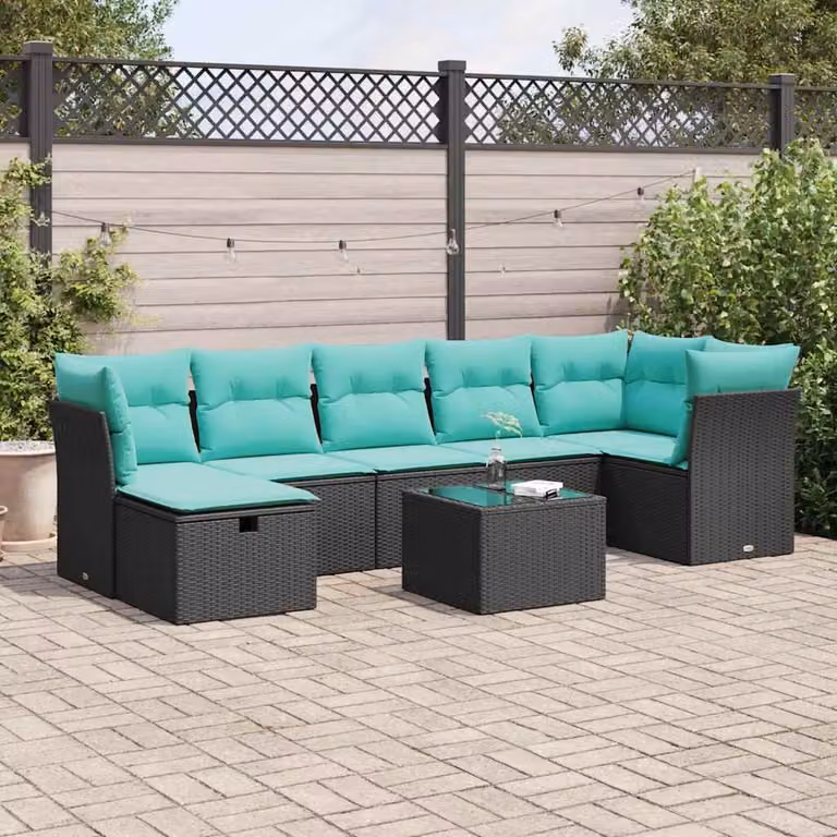 Set di divani da giardino vidaXL a forma di L composto da 8 pezzi con cuscini e tavolino, colore nero e blu con struttura in metallo e rattan