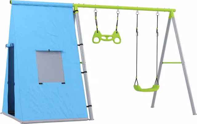 Set da gioco 3-in-1 AIYAPLAY con altalena, tenda e anelli da ginnastica in metallo e plastica, verde e blu