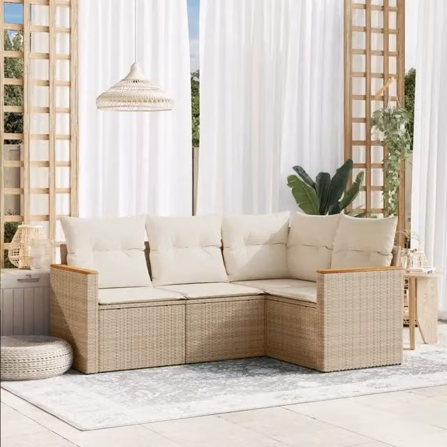 Set Divano da Giardino 4 pz con Cuscini-Sofa da Giardino-Divanetto da esterno Beige in Polyrattan 927191