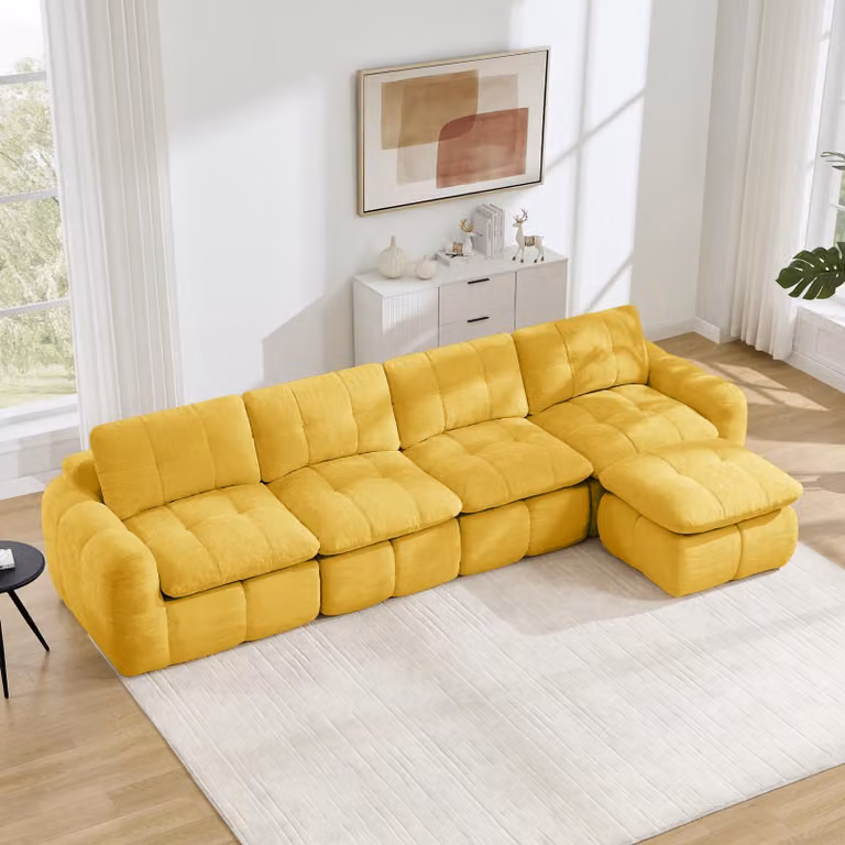 Divano modulare a forma di L, con quattro posti, rivestito in tessuto Karostepp e chenille, ampia seduta, poggiapiedi integrato, non richiede montaggio (giallo)