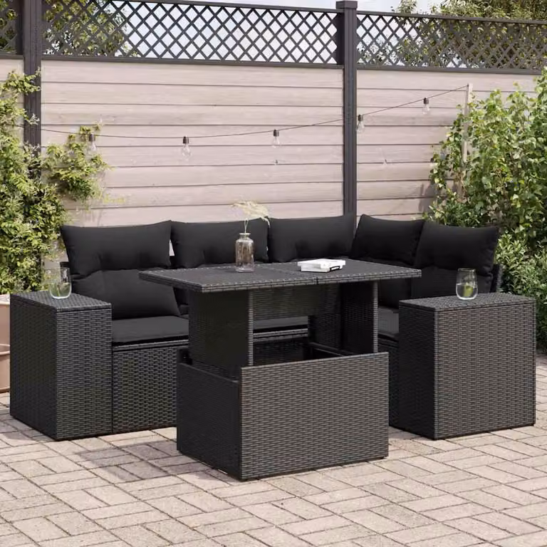 Set Divano da Giardino a L vidaXL 5 Pezzi con Tavolino e Cuscini, Colore Nero
