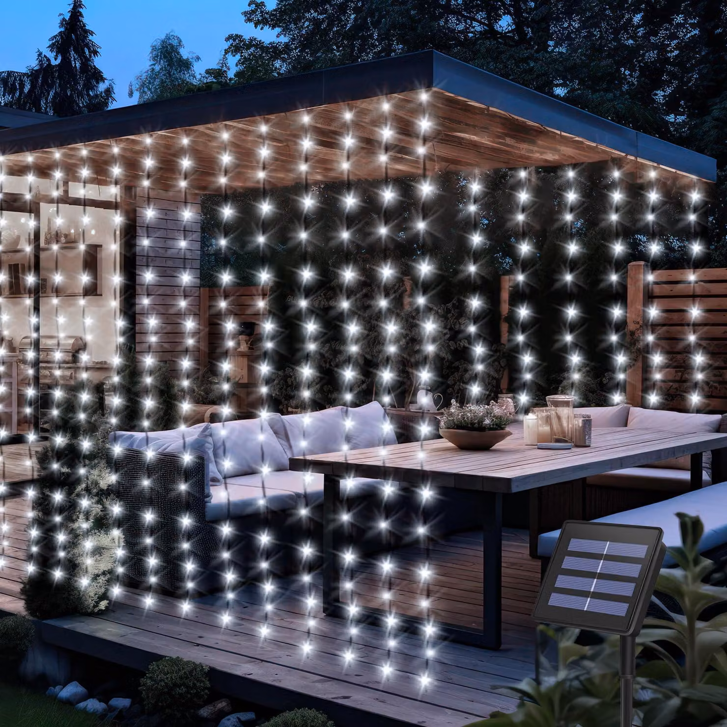 Tende luminose solari, dimensioni 2x2 metri, 200 LED, 8 modalità, grado di protezione IP65, luce bianca fredda