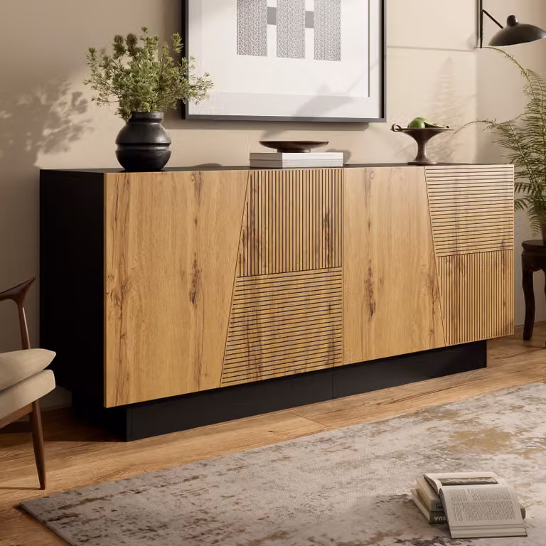 Merax Credenza moderna con ampio spazio di archiviazione, cassettiera con design geometrico e ripiano regolabile, per soggiorno e sala da pranzo, natura