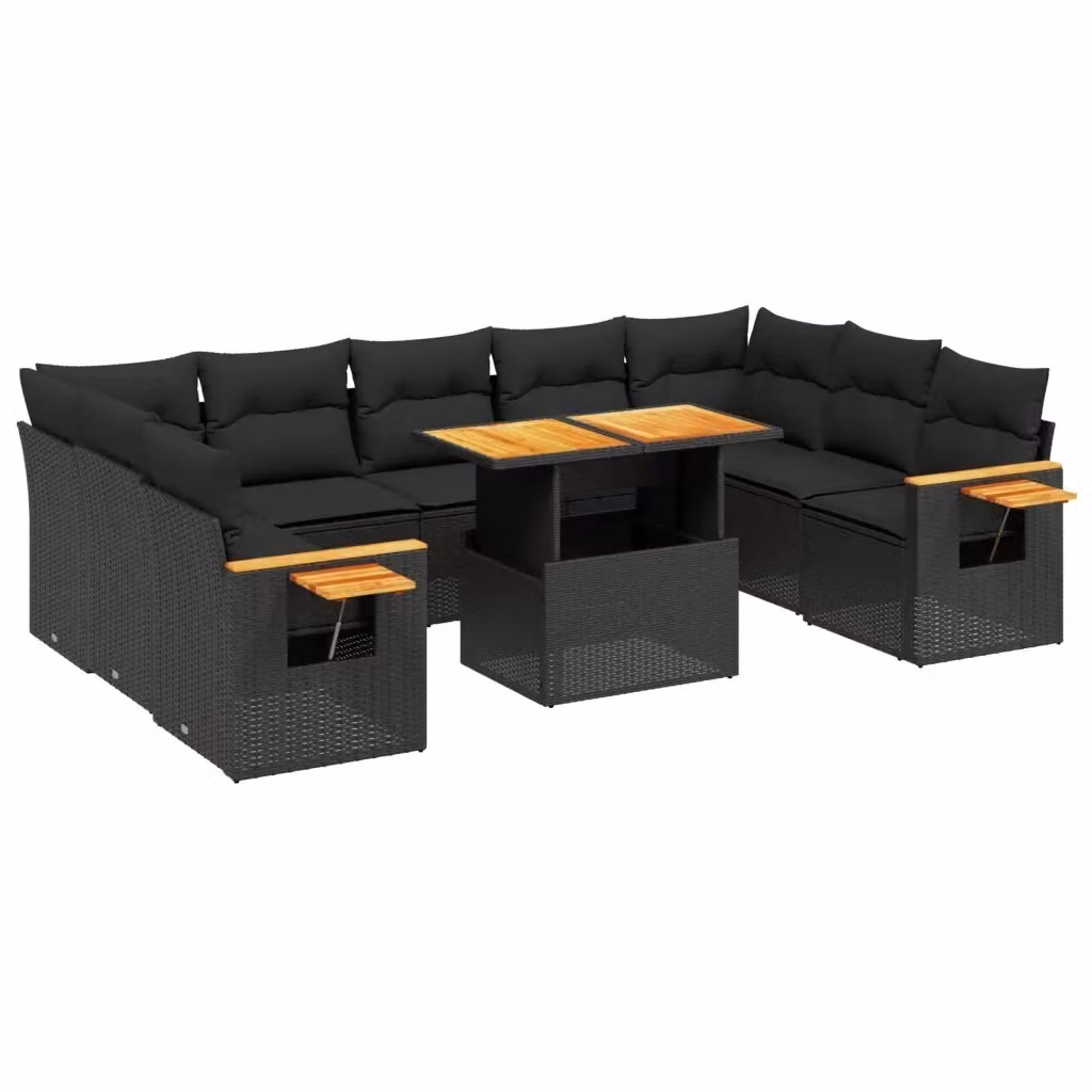 vidaXL Set Divani da Giardino 10 Pezzi in Polyrattan Nero con Cuscini e Tavolino da Esterno – 2