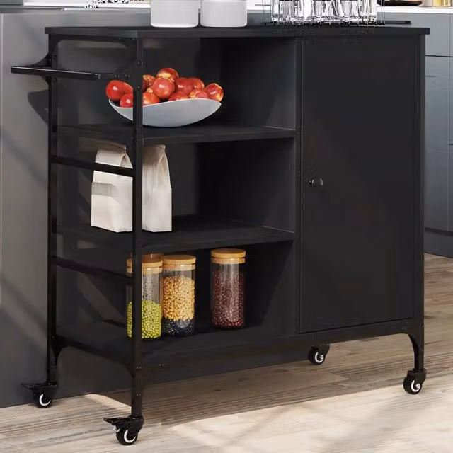 Carrello da cucina e scaffale Design Mania in stile vintage, nero opaco con legno e metallo, L 87,5 cm x P 38,5 cm x H 84,5 cm – 1