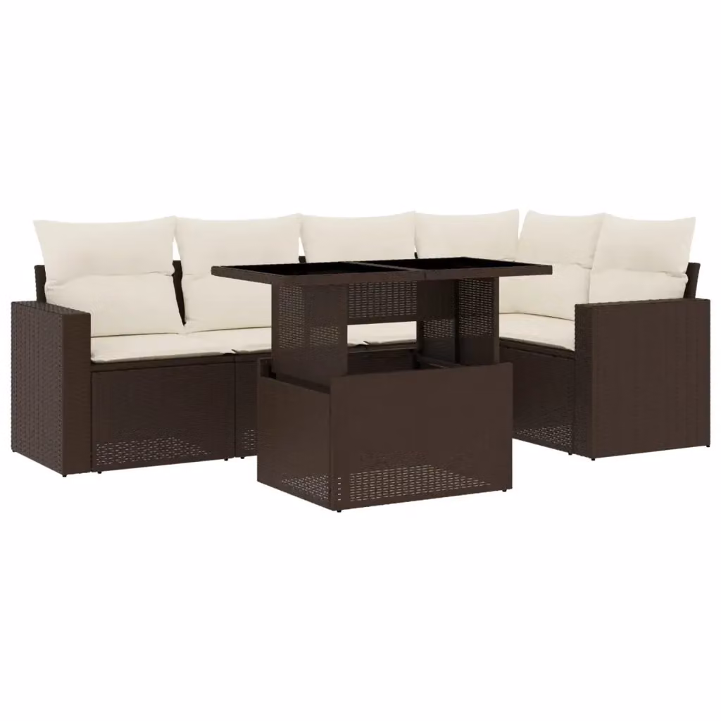 vidaXL Set Divano da Giardino 6 pz a Forma di L in Polyrattan Marrone con Cuscini Imbottiti e Tavolino – 2