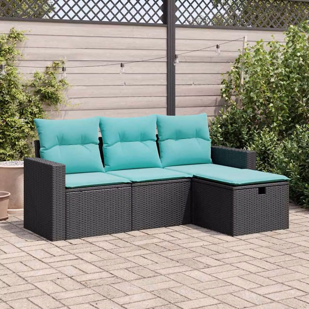 Set di divani da giardino vidaXL a forma di L composto da 4 pezzi con cuscini, struttura in polyrattan e metallo nero