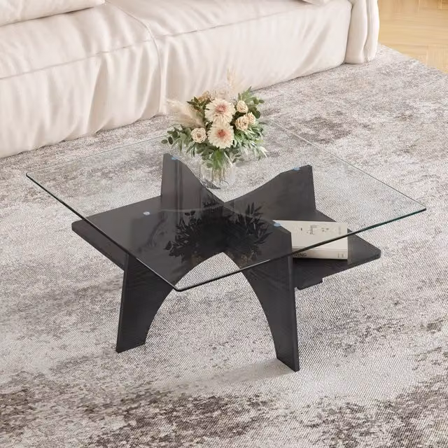 Tavolino moderno quadrato in vetro di sicurezza, lato 80 cm, gambe in MDF effetto legno nero. Ideale per soggiorno, sala da pranzo e ufficio