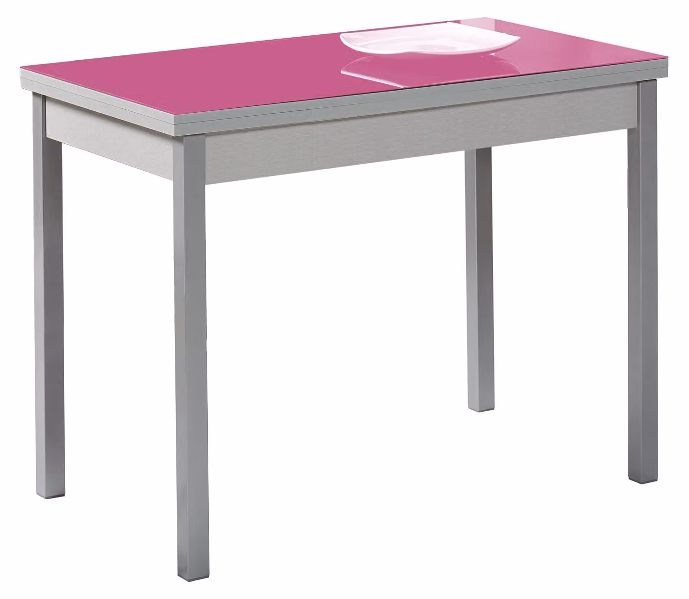 Tavolo allungabile, piano in vetro, gambe in metallo, colore fucsia, dimensioni 90x50 cm
