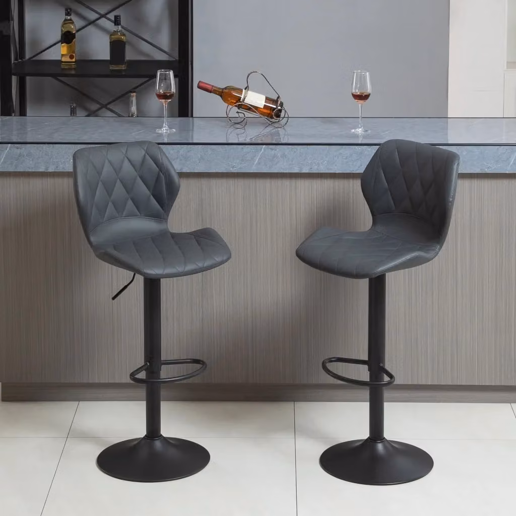 EasyComfort Set di 2 Sgabelli da Bar Alti in Finta Pelle Grigio, Sgabelli Girevoli con Altezza Regolabile, Schienale e Poggiapiedi, L/P/H: 46.5 x 49.5 x 92-113 cm – 2