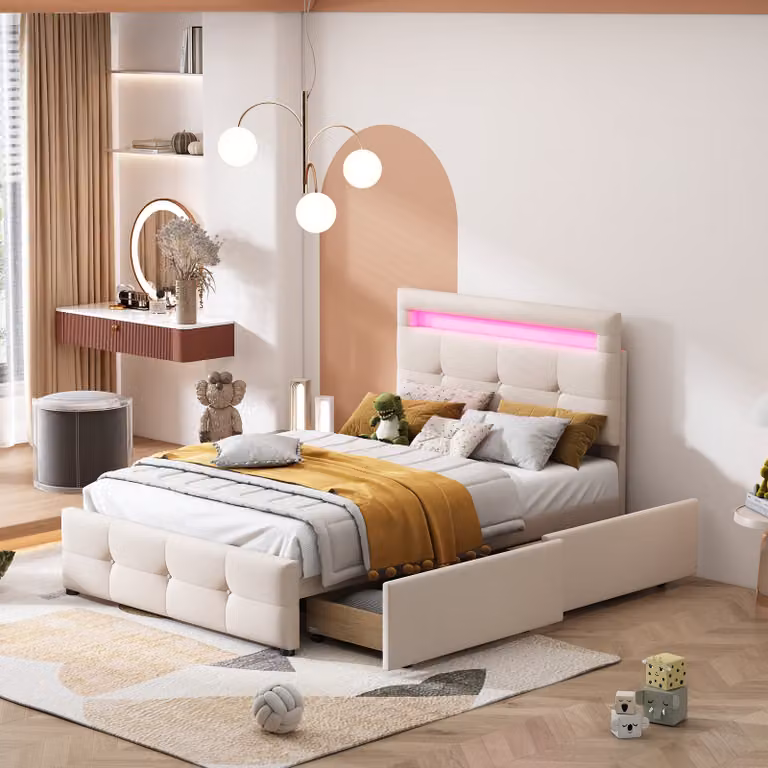 okwish letto imbottito 90*200cm con luci LED, 2 cassetti, in lino letto singolo letto per bambini letto per bambini letto per ospiti beige