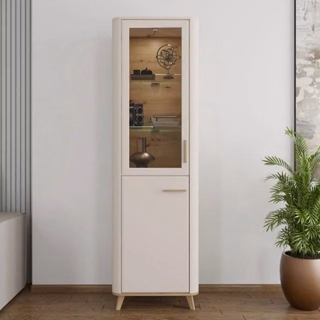 Vetrina Espositore DMORA con Ante in Vetro e 4 Ripiani, Colore Beige e Rovere, L: 40 cm, P: 40 cm, H: 193 cm