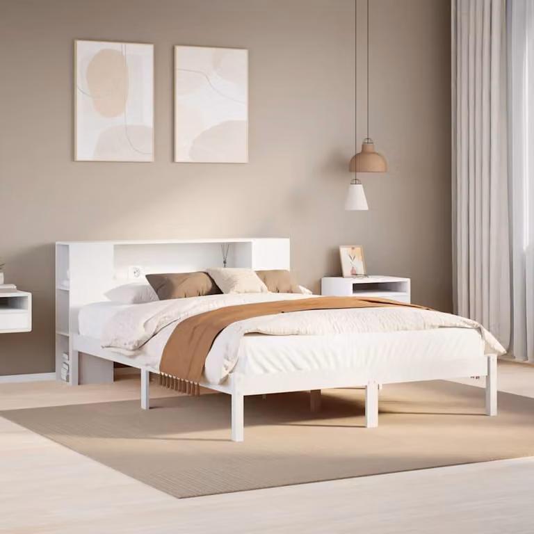 vidaXL Letto Libreria in Legno di Pino Bianco con Ripiani Laterali L: 140 cm, P: 200 cm, H: 146 cm