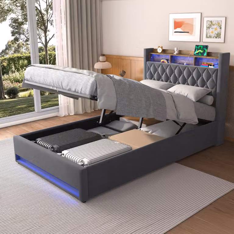 MODFU Letto imbottito idraulico 140 × 190 cm in velluto, letto per giovani con testiera LED e porta USB, letto matrimoniale con spazio contenitore, senza materasso, colore grigio