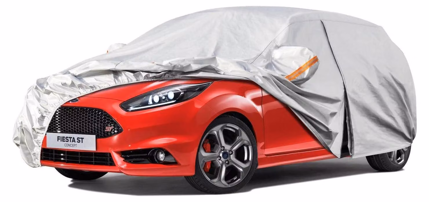 Copertura per auto impermeabile e traspirante, compatibile con Ford Fiesta (dal 1989 al 2025), colore argento, con struttura a 6 strati per la copertura completa in garage