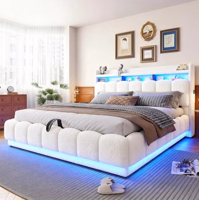 Letto imbottito 180x200 cm bianco in tessuto bouclé - vano idraulico