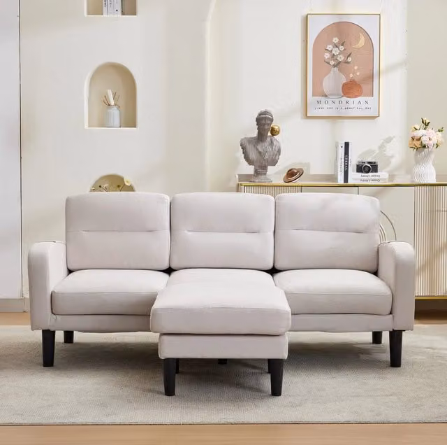 Divano angolare L 3 posti con chaise longue; tasche laterali; 204x136x80 cm; beige