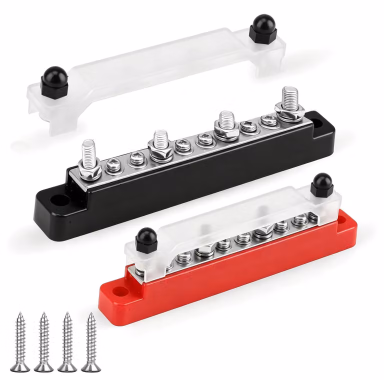 2 barre di collegamento, 12-48 V DC, 150 A, blocco di distribuzione elettrico con 4 morsetti M6