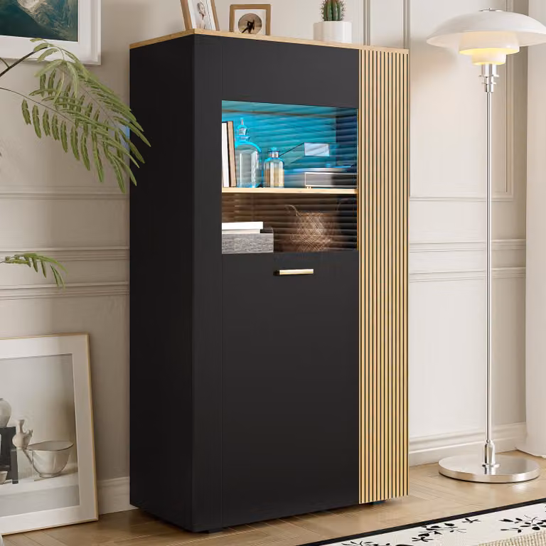 Armadietti da cucina Flieks con luci LED a 16 colori, credenza da cucina con 3 ripiani fissi e 2 ripiani regolabili, mobile contenitore per soggiorno, colore: nero e legno naturale