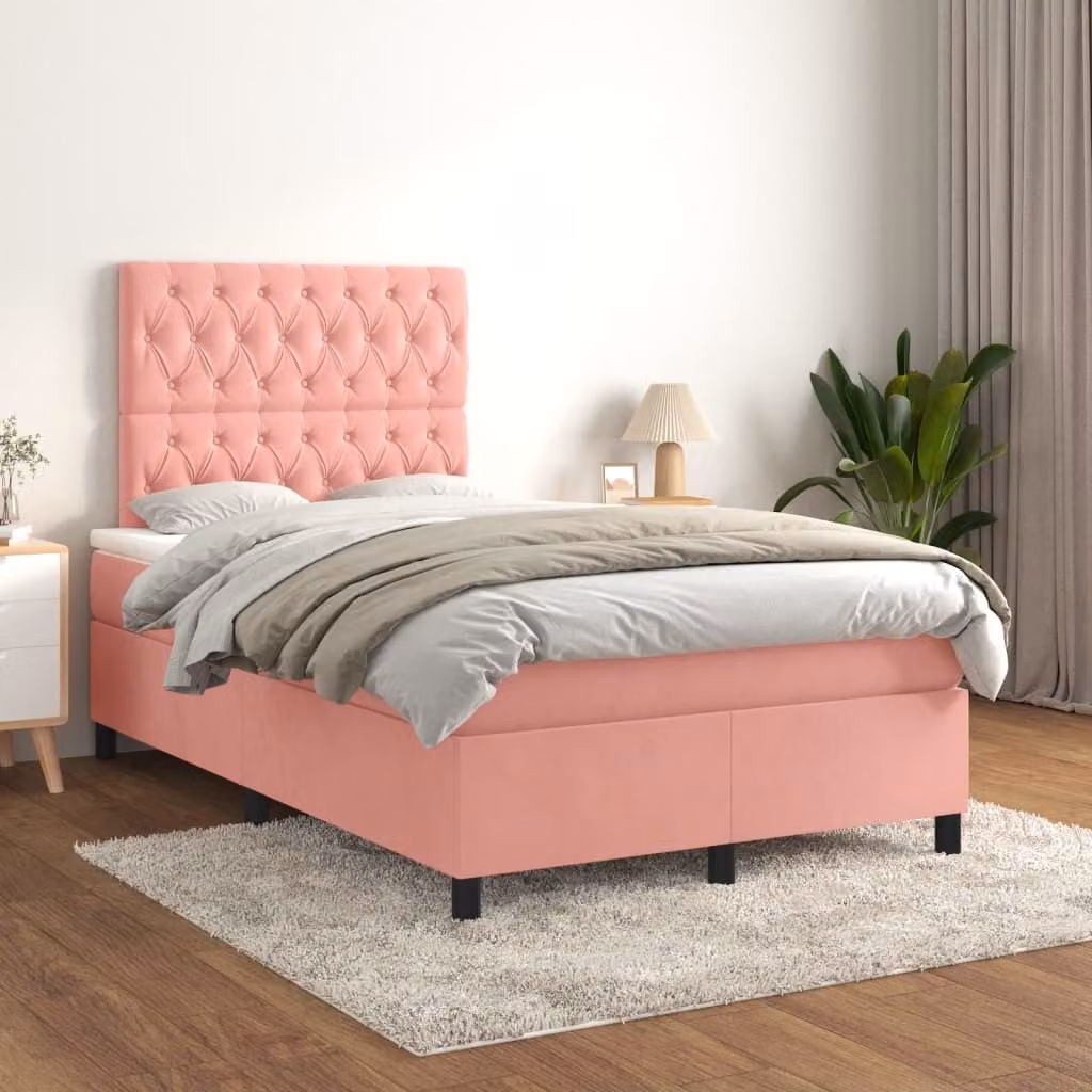The Living Store Letto a molle con materasso Rosa 120x200 cm Velluto