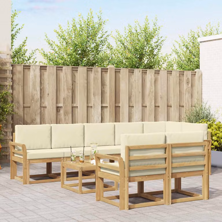 vidaXL Set di divani da esterno a L composto da 9 pezzi in legno di acacia con cuscini, Bianco, Beige e Marrone