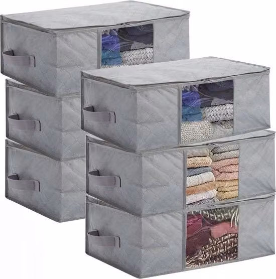 Organizzatore di tessuti JSENGE grigio con coperchio e chiusura a zip, contenitore pieghevole da 34L per sotto il letto o cassetti