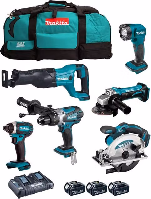 Kit utensili a batteria Makita DLX6104TX2 con avvitatore, trapano, seghetto, avvitatore a impulsi, ventola, radio, 3 batterie da 5,0 Ah e caricabatterie