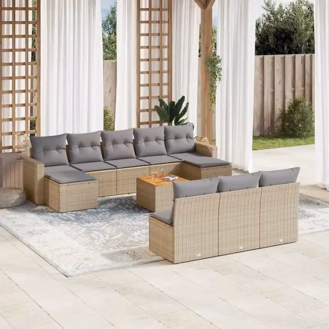 vidaXL Set Divano da Giardino 11 pz a forma di U in Polyrattan con Cuscini Beige e Grigio – 1