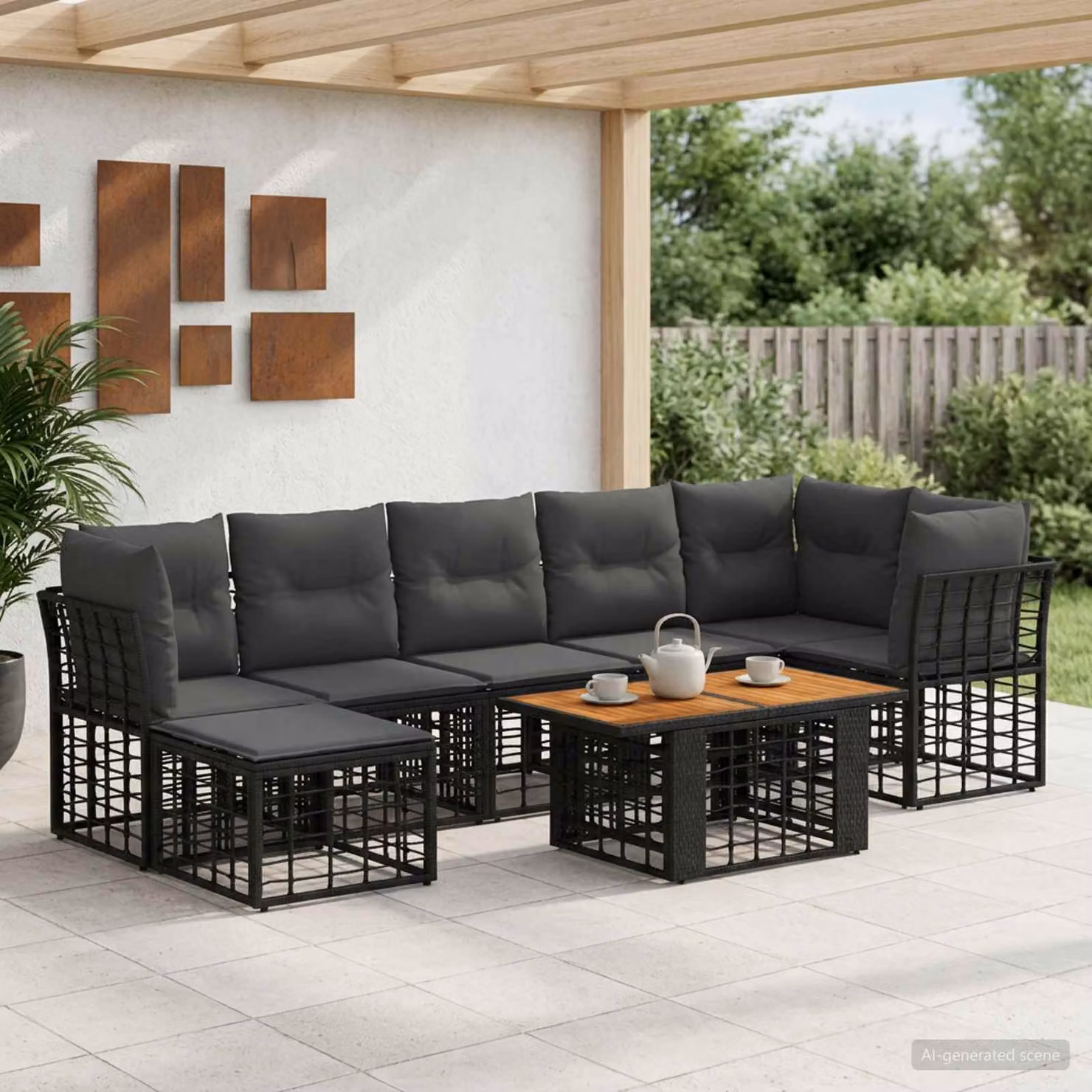 Set Divano da Giardino vidaXL 8 Pezzi in Polyrattan Nero e Grigio con Cuscini e Tavolino da Esterno